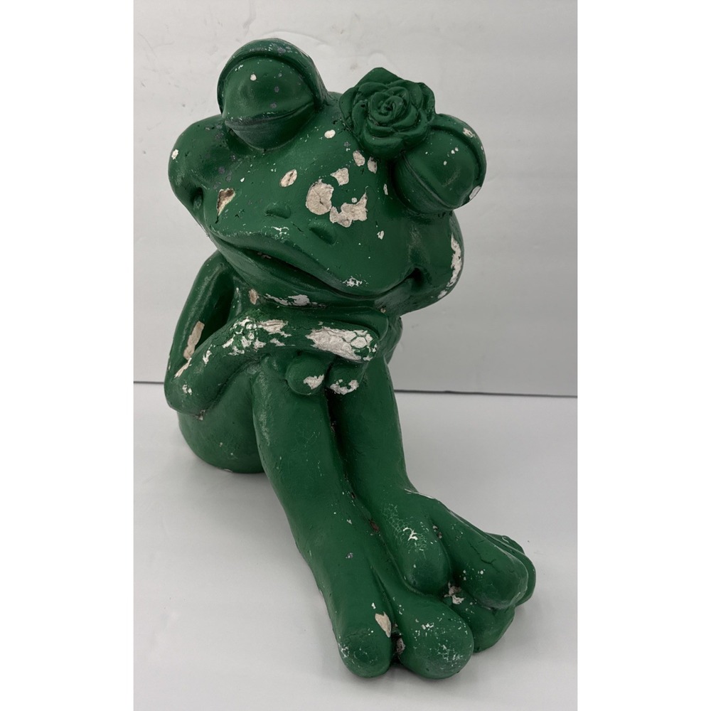 Vintage Large Plaster Frog Figurine Green Garden Decor Chippy Paint Rose Flower